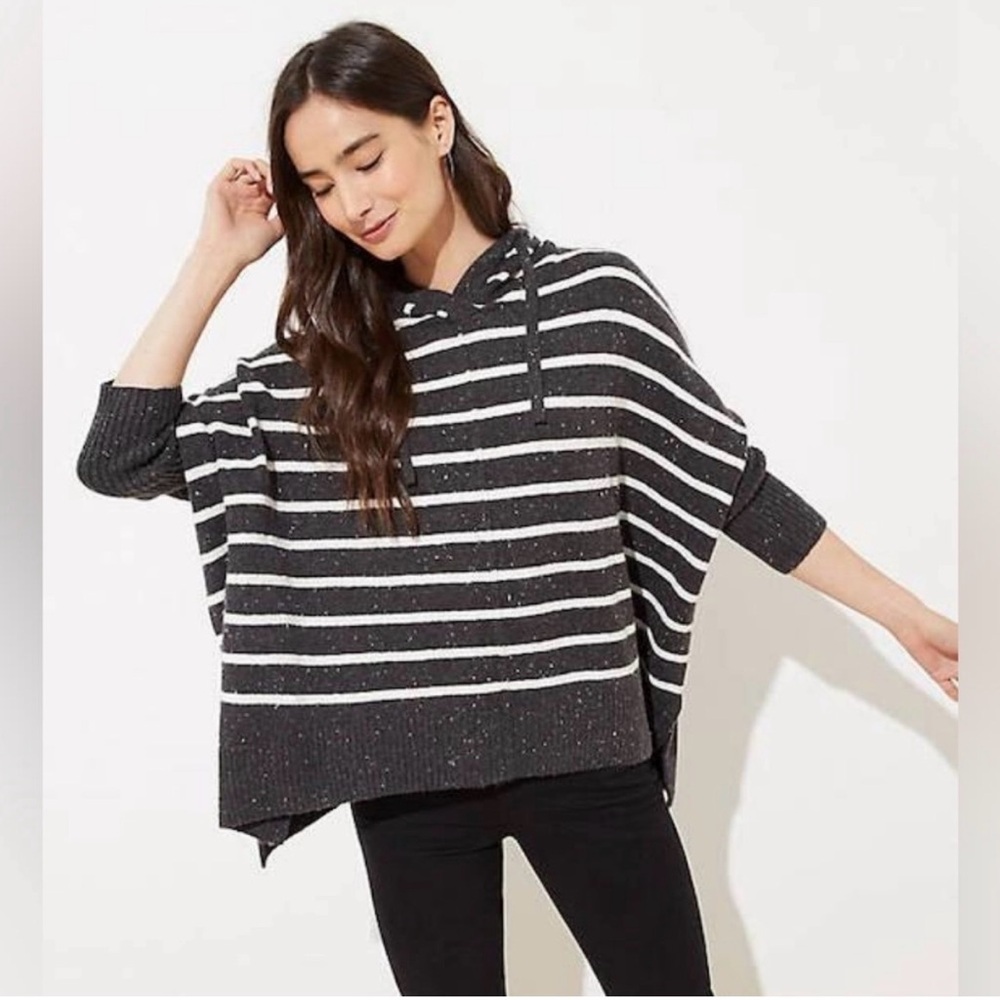 LOFT Charcoal and White Striped Poncho sweater with hood XXL